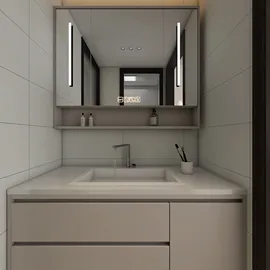 Modern bathroom vanity design with sleek lines and minimalist decor showcasing a functional layout with integrated lighting for enhanced ambiance, utilizing Homestyler's real-time 3D rendering feature for an accurate design preview.
