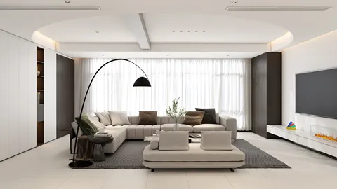 modern living room design featuring a spacious sectional sofa and sleek black floor lamp, showcasing minimalist style and natural lighting, incorporating Homestyler's real-time 3D rendering for instant visual preview.
