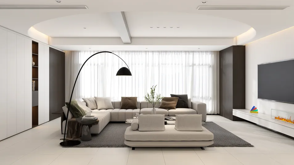 modern living room design featuring a spacious sectional sofa and sleek black floor lamp, showcasing minimalist style and natural lighting, incorporating Homestyler's real-time 3D rendering for instant visual preview.