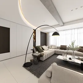 modern living room design featuring a curvy floor lamp and plush sectional sofa, showcasing a minimalist style and spacious layout, utilizing Homestyler's 3D rendering feature.