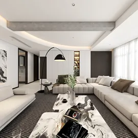 Modern living room featuring a spacious sectional sofa and elegant marble coffee table, styled with a contemporary aesthetic for optimal comfort and functionality, showcasing Homestyler's real-time 3D rendering capability.