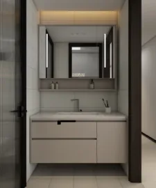 modern bathroom design featuring a sleek vanity and mirror with integrated lighting, showcasing efficient space utilization, utilizing Homestyler's real-time 3D rendering feature.