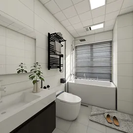 Modern bathroom design featuring a sleek tub and minimalist fixtures, showcasing a contemporary style with a focus on space efficiency; utilizing Homestyler's 3D rendering function for realistic previews.