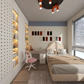 cozy bedroom design featuring a bed and workspace arrangement in a modern style, showcasing space optimization through smart furniture layout using Homestyler's real-time 3D rendering capabilities.