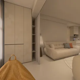 modern living room design featuring a cozy light-colored sofa and sleek cabinetry, showcasing smart furniture arrangement to optimize small space, utilizing Homestyler's real-time 3D rendering for effective visualization.