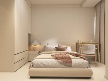Minimalist bedroom design featuring a bed and wooden furniture arrangement in a neutral color palette, showcasing Homestyler's real-time 3D rendering for enhanced visualization.