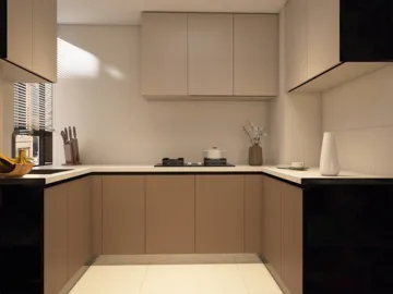 modern kitchen with smart furniture arrangement showcasing a minimalist style optimized for small spaces using Homestyler's AR furniture placement feature