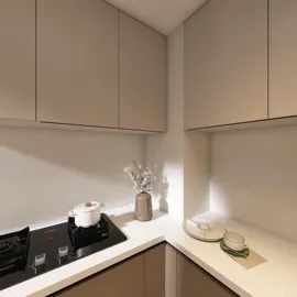 Modern kitchen design featuring a minimalist style with smart furniture arrangement, showcasing space optimization using Homestyler's real-time 3D rendering feature.