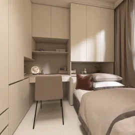 Cozy bedroom interior featuring minimalist design elements with integrated workspace, enhancing functionality and style, showcasing Homestyler's real-time 3D rendering ability.