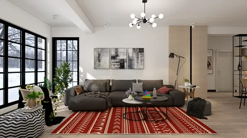 living room interior design featuring a cozy sofa arrangement with decorative elements, styled in a modern aesthetic, showcasing the value of intelligent furniture layout using Homestyler's real-time 3D rendering functionality.