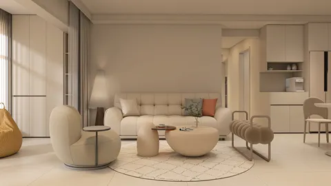 cozy living room featuring a modern sofa arrangement with soft textures, designed for comfort and style, utilizing Homestyler's real-time 3D rendering for an accurate preview of interior decor.