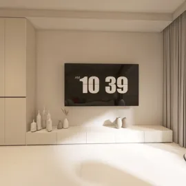 Modern living room with a large flat-screen TV displaying the time, featuring minimalist decor and sleek furniture, showcasing interior design optimization with Homestyler's real-time 3D rendering.