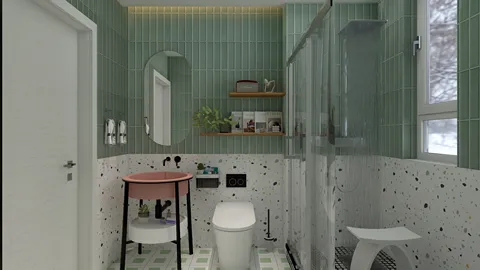 Stylish bathroom design featuring a green tiled wall, modern fixtures, and an elegant shower area, showcasing a contemporary interior decor style using Homestyler's real-time 3D rendering feature.