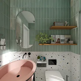 Modern bathroom sink design with pink basin, green tiled walls, and minimalist shelving showcasing decor; emphasizes interior design aesthetics with Homestyler's real-time 3D rendering feature.