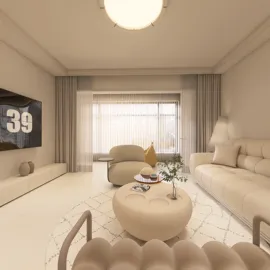 modern living room featuring neutral tones and soft textures, showcasing cozy furniture arrangement and a stylish coffee table, emphasizing spaciousness and comfort, empowered by Homestyler's real-time 3D rendering feature.