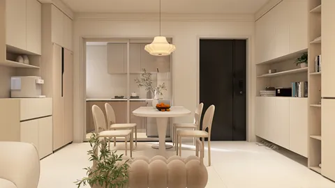 modern dining area showcasing elegant furniture arrangement in a minimalist style with a soft color palette, featuring Homestyler's real-time 3D rendering for a realistic design preview.