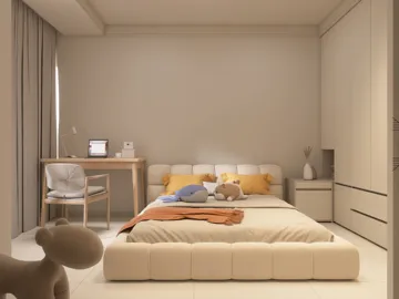 Cozy bedroom featuring a modern bed arrangement with soft furnishings and neutral tones, showcasing a minimalist design style. This interior design emphasizes space efficiency using Homestyler's real-time 3D rendering capability.