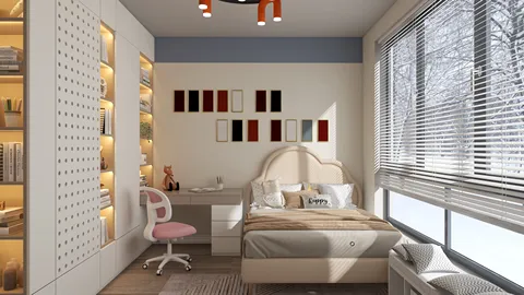 cozy bedroom design featuring a bed, a desk, and bookshelves, styled in a modern minimalist fashion; enhances space efficiency with intelligent furniture arrangement using Homestyler's real-time 3D rendering feature.