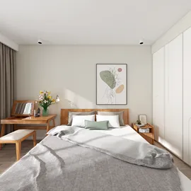 modern bedroom design featuring a wooden bed and minimalist decor optimizing small space with smart furniture arrangement using Homestyler's 3D rendering功能.