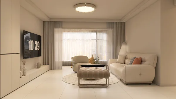 modern living room design featuring a sleek white sofa and contemporary coffee table, showcasing interior decor for a cozy atmosphere, utilizing Homestyler's real-time 3D rendering functionality for a fast preview of renovation effects.