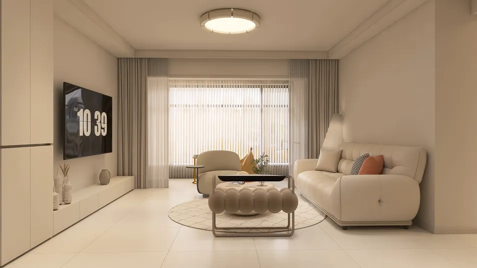 modern living room design featuring a sleek white sofa and contemporary coffee table, showcasing interior decor for a cozy atmosphere, utilizing Homestyler's real-time 3D rendering functionality for a fast preview of renovation effects.
