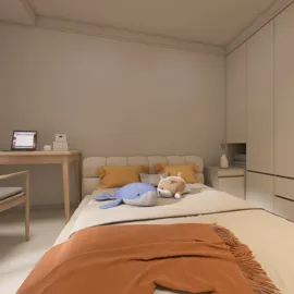 Cozy bedroom with plush toys and a neutral color palette, featuring furniture arrangement for optimal space utilization, showcasing Homestyler's smart furniture layout feature.