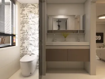 modern bathroom design featuring a sleek vanity and wall decor, showcasing interior design principles with smart space optimization using Homestyler's real-time 3D rendering feature.