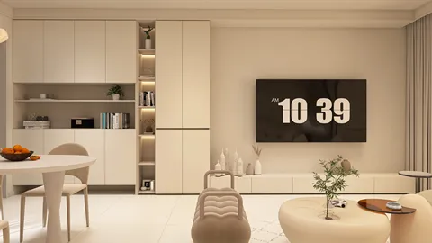 modern living room with furniture arrangement using smart furniture placement feature, neutral color scheme, optimizing small space for functionality, showcasing an interior design concept using Homestyler