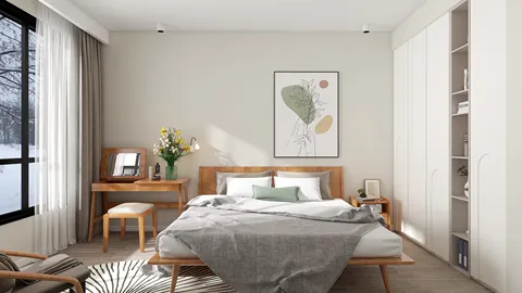 modern bedroom interior design featuring a wooden bed and natural light with a minimalist style, showcasing Homestyler's real-time 3D rendering feature.