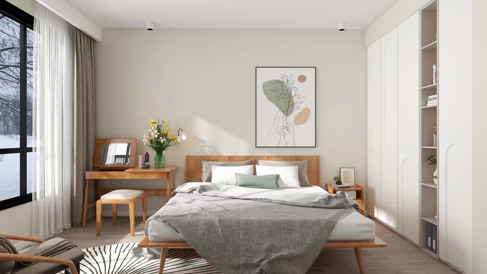modern bedroom interior design featuring a wooden bed and natural light with a minimalist style, showcasing Homestyler's real-time 3D rendering feature.