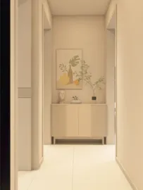 A hallway featuring a minimalist console table decorated with a plant and artwork, showcasing a contemporary design style with an emphasis on light colors and spaciousness, ideal for interior decoration inspiration using Homestyler's real-time 3D rendering feature.