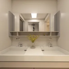 modern bathroom vanity design featuring double sinks and minimalist decor emphasizing functionality and elegance, utilizing Homestyler's real-time 3D rendering for accurate visualization.