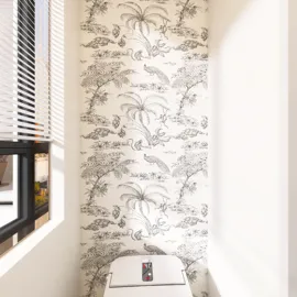 A modern bathroom design featuring intricate botanical wallpaper and sleek toilet fixture, showcasing interior decor elements for small spaces; utilizing Homestyler's real-time 3D rendering for design visualization.