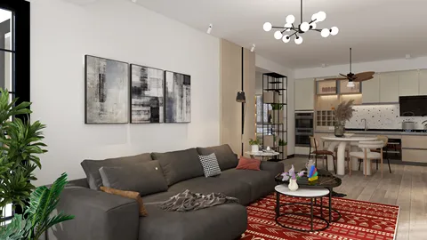 Modern living room with cozy sofa layout and stylish decor, featuring a contemporary aesthetic and optimal space utilization, utilizing Homestyler's smart furniture arrangement feature.