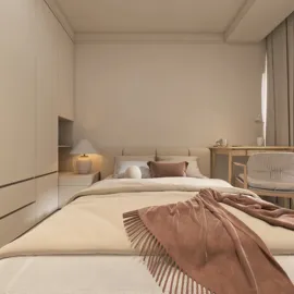 modern bedroom design showcasing a cozy layout with beige tones and warm accents, optimized for small space functionality using smart furniture arrangement features of Homestyler.