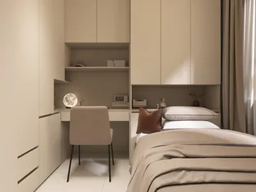 minimalist bedroom with a compact workspace design featuring beige tones and a cozy atmosphere, showcasing Homestyler's real-time 3D rendering for interior design optimization.