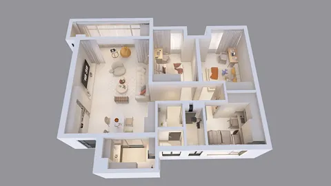 3D floor plan visualization with room layout design showcasing an open living area and private spaces in a modern style, highlighting interior design possibilities using Homestyler's automated floor plan generation feature.