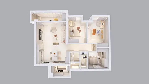 overhead view of a modern interior layout with furniture arrangement in a minimalist style, showcasing space optimization using Homestyler's real-time 3D rendering capability.