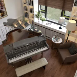 grand piano in an elegantly designed living room with modern furnishings and natural light, showcasing interior design optimization through Homestyler's real-time 3D rendering feature.