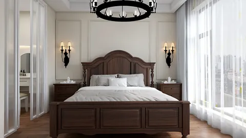 cozy wooden bed arranged in a warm classic style while utilizing Homestyler's real-time 3D rendering for interior decor visualization