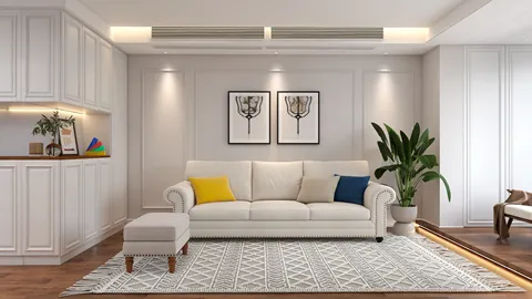 cozy living room with a white sofa and colorful cushions, showcasing modern design and a warm atmosphere, featuring Homestyler's real-time 3D rendering for interior design preview.