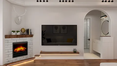 modern living room with fireplace and TV mounted on wall, showcasing sleek design elements within a cozy atmosphere, featuring Homestyler's real-time 3D rendering for effective interior design visualization.