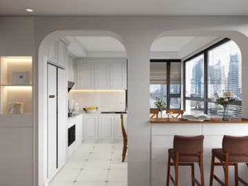 modern kitchen design featuring an open layout with a white color scheme and efficient space utilization, showcasing Homestyler's real-time 3D rendering capability.