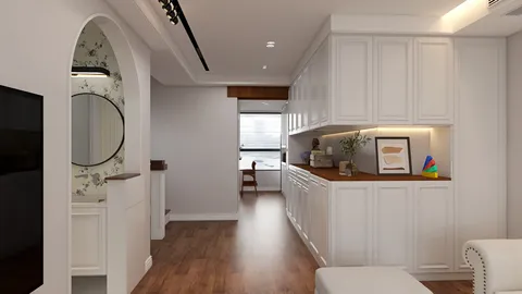 Modern white kitchen cabinetry design featuring seamless integration with living space and efficient layout for small apartments, showcasing Homestyler's real-time 3D rendering feature.