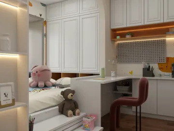 cozy bedroom design featuring plush toys and a study area with elegant cabinetry in a modern style, showcasing interior decor optimally arranged with Homestyler's smart furniture placement feature.