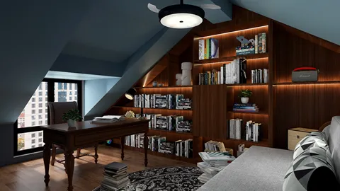 cozy attic study space featuring a wooden desk and built-in bookshelf design showcasing modern aesthetics and functionality, utilizing Homestyler's real-time 3D rendering feature.
