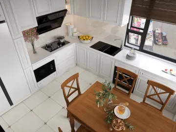 Modern kitchen layout featuring a dining table and elegant cabinetry, showcasing a cozy atmosphere for family gatherings, utilizing Homestyler's real-time 3D rendering for detailed design previews.