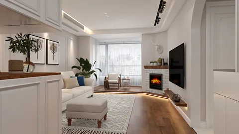 modern living room interior design featuring a cozy sofa arrangement and a decorative fireplace, showcasing elegant contemporary style and enhancing home ambiance with Homestyler's real-time 3D rendering.