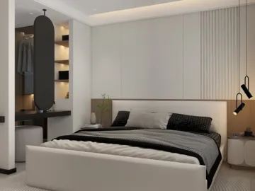 Modern bedroom design featuring a minimalist bed and stylish decor, emphasizing space optimization with smart furniture arrangement, utilizing Homestyler's real-time 3D rendering for an accurate visualization.