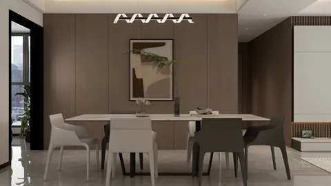 modern dining area featuring a sleek table and stylish chairs in a minimalist design, showcasing interior decor optimized for space efficiency using Homestyler's real-time 3D rendering feature.